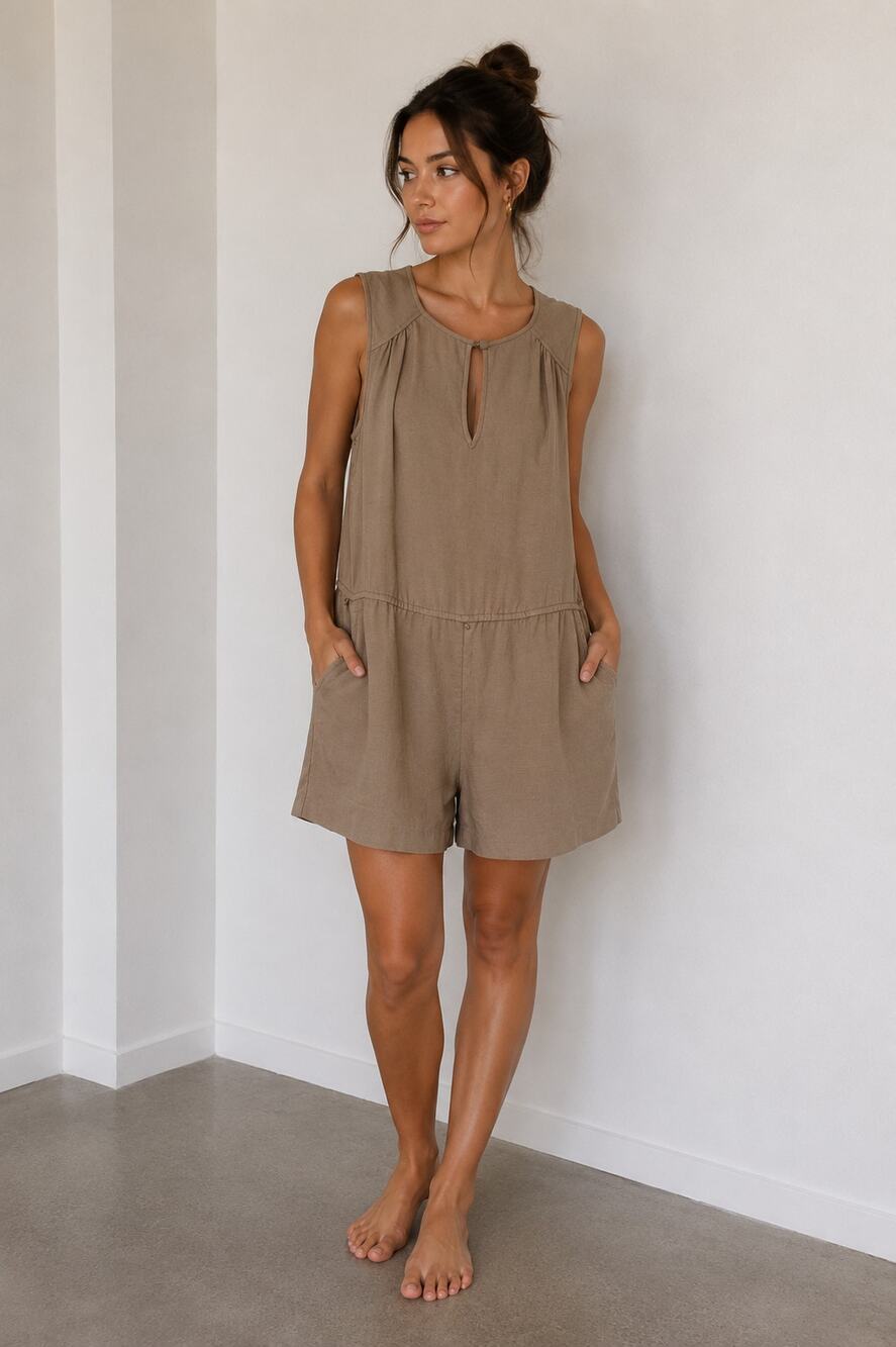 Trina Turk Keyhole Romper Khaki Taupe Women’s Sleeveless Chic Minimalist